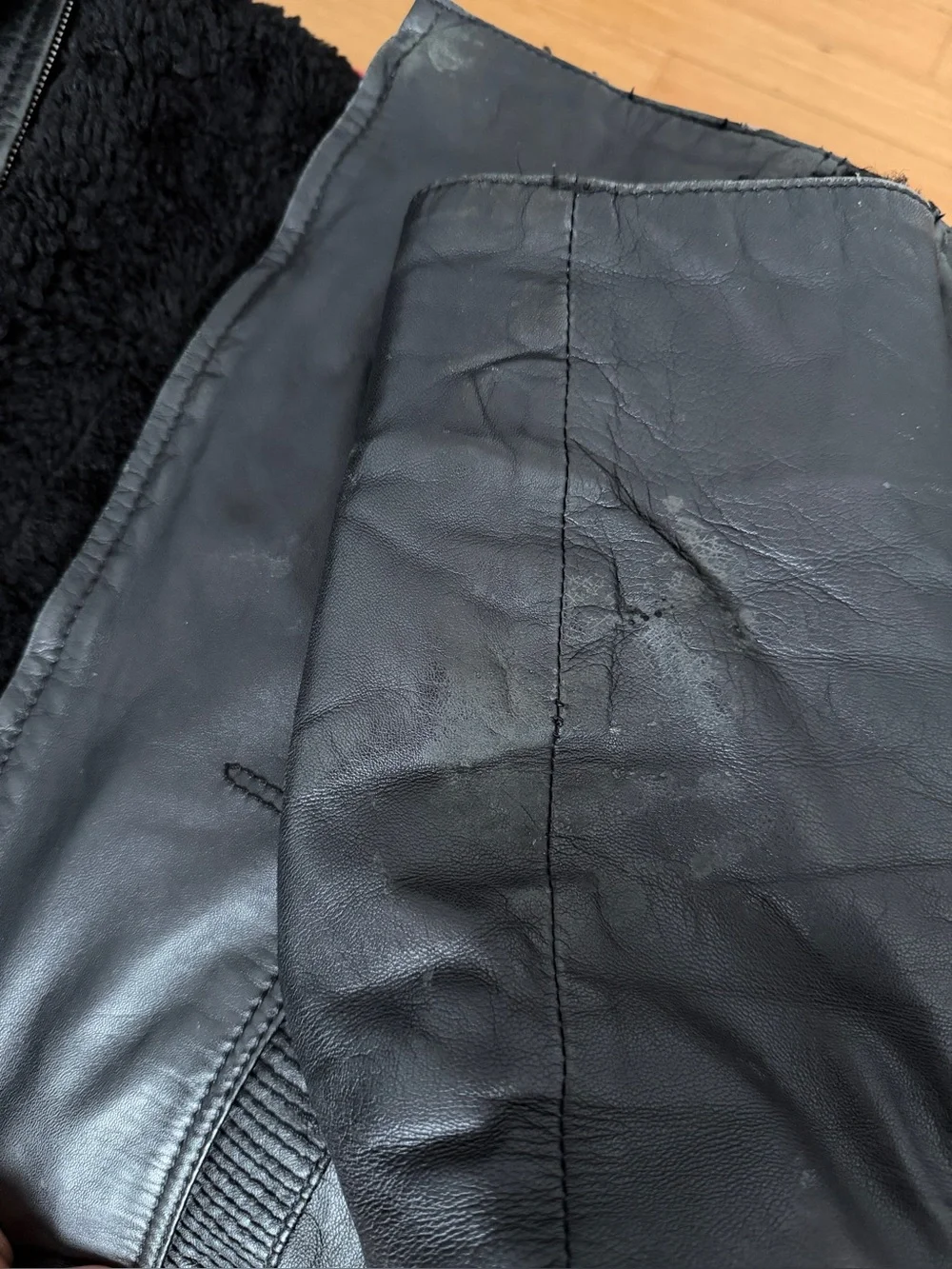 Mens Vintage Distressed Black Leather Shearling Jacket Moto Bomber Fur‎ Collar